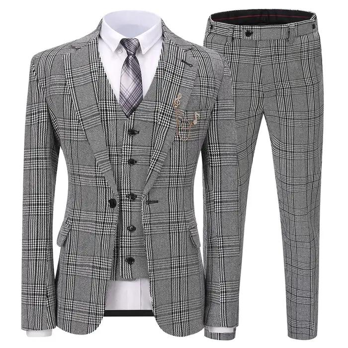 Costume formel 3 pièces pour hommes, coupe cintrée, châle à revers, Plaid en laine douce, Tuxedos gr