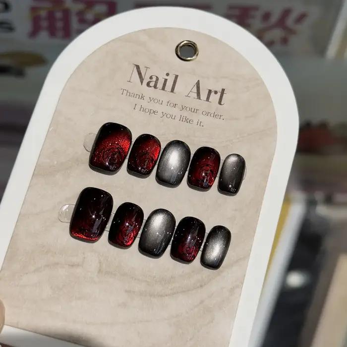 10 pièces noir mignon chat à la main presse sur ongles cristal oeil