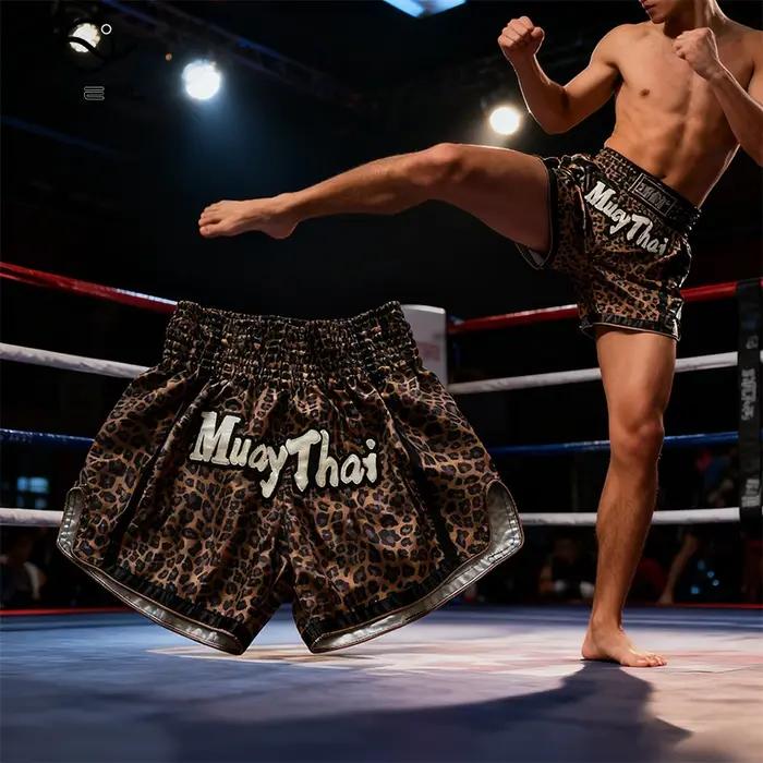 Short léopard Muay Thai marron, pantalon de combat Kickboxing pour hommes, femmes et enfants, short