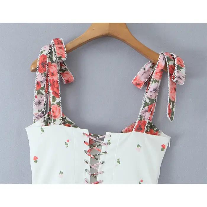 YENKYE romantique fleur imprimé Patchwork blanc fronde robe d'été femmes à lacets pansement dos a-li