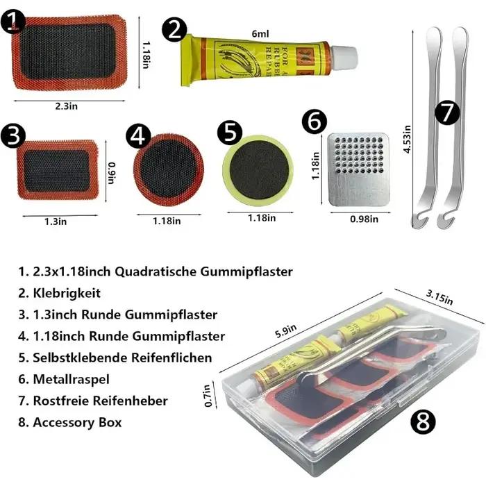 Kit de réparation de pneus de vélo avec patchs, râpes métalliques, leviers de pneus et colle pour réparations en déplacement pour cyclistes sécurité et économie