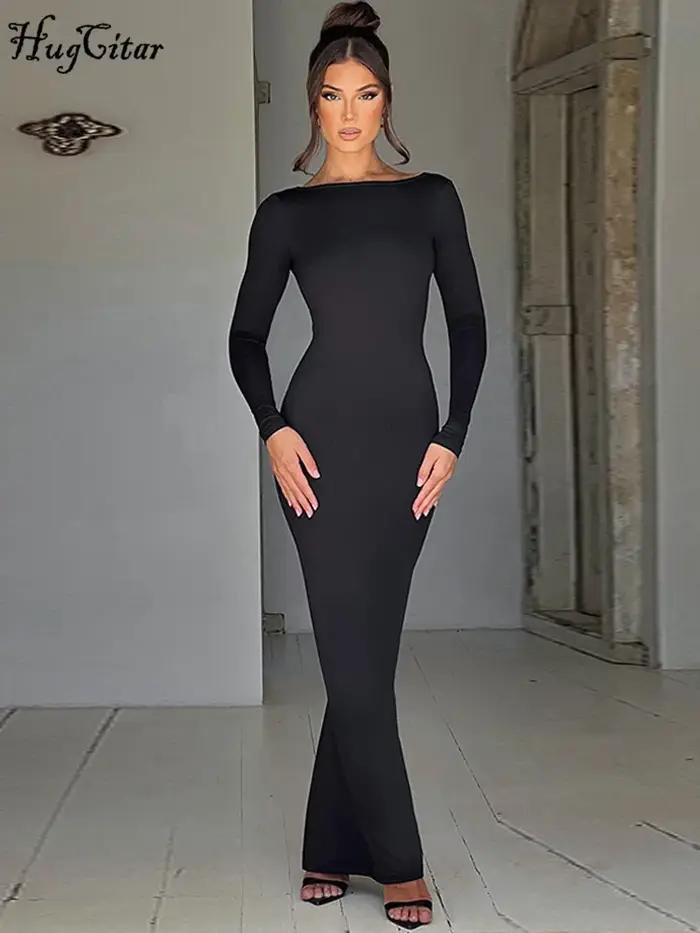 Hugcitar printemps élégant à manches longues dos nu solide froncé Sexy moulante Maxi robe de bal fem