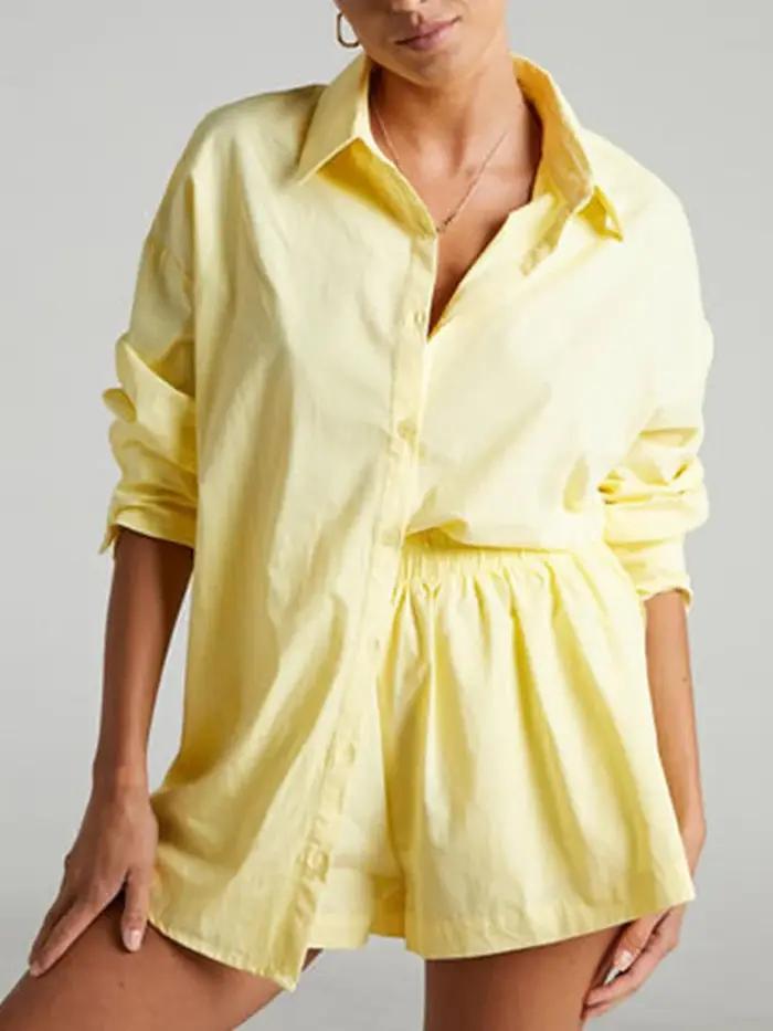 Survêtements en coton pour femmes, chemise avec mini short, ensembles 2 pièces, vêtements de mode, tenues, chemisiers