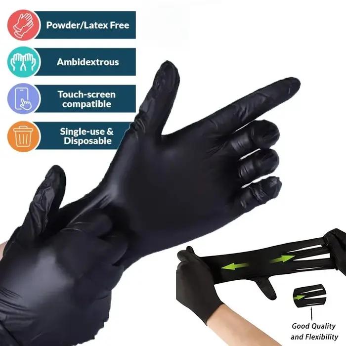 Gants jetables en Nitrile noir, pour usage domestique, sans Latex, sans poudre, nettoyage, tatouage,