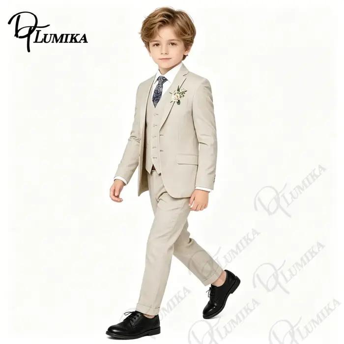 Costume en lin beige pour garçons, 4 pièces, avec cravate florale, ensemble formel pour enfants, mar