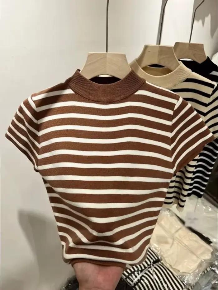 Pull à col roulé rayé pour femme, haut ajusté, chemise à manches courtes, début du printemps et de l