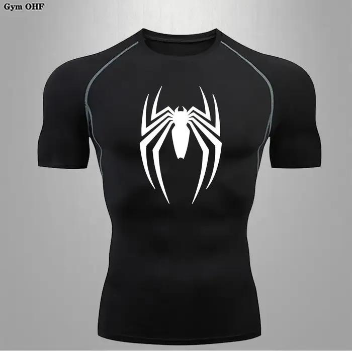 T-shirt compression imprimé Spider pour hommes - Rashguard manches courtes MMA et musculation