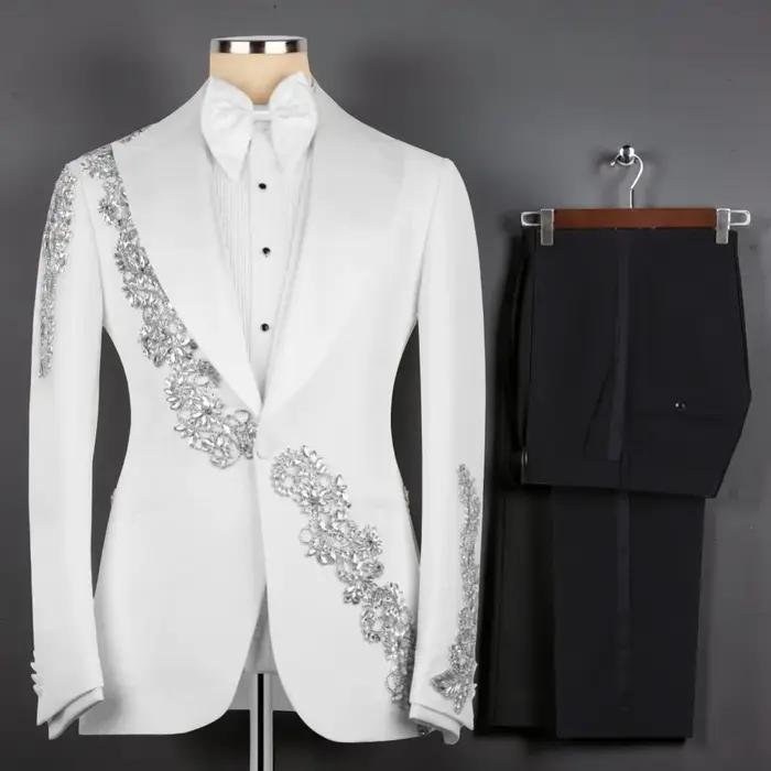 Costume de Mariage Formel Perlé pour Homme – 3 Pièces Slim Fit avec Veste à Revers Châle, Pantalon e