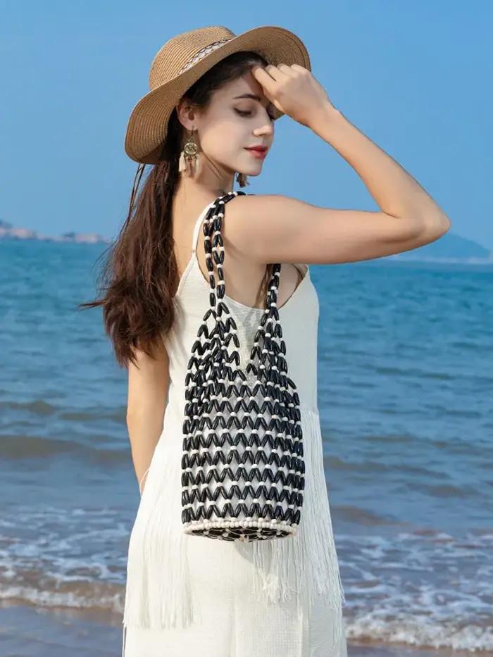 Sac à main tissé pour femmes, sac à perles en bois ajouré, sac seau à bandoulière, sac à main de pla