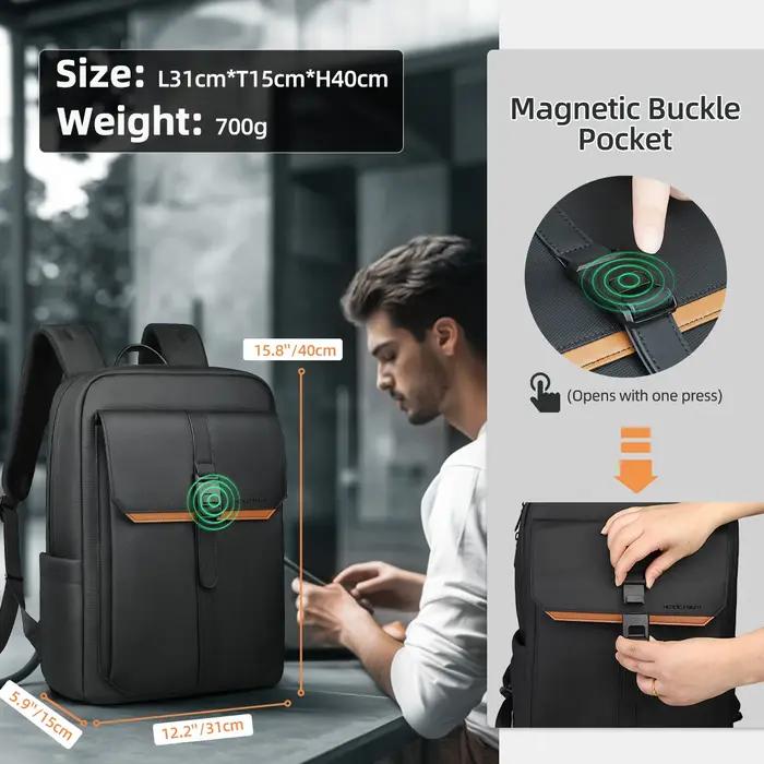 HK – sac à dos d'affaires élégant pour hommes, étanche, à rabat de 15.6 pouces, pour ordinateur port