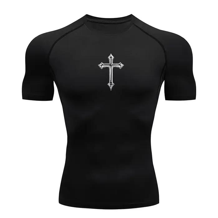 Chemise de compression à imprimé croisé pour hommes, t-shirt athlétique chrétien, hauts d'entraîneme