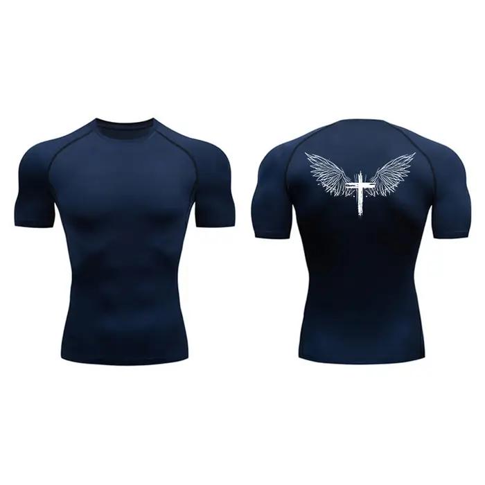 Chemises de Compression à manches courtes pour hommes, imprimé croisé, t-shirts athlétiques à séchag