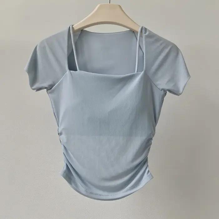 Vêtements de yoga avec coussinets de poitrine, hauts de sport à manches courtes et col carré, ajusté