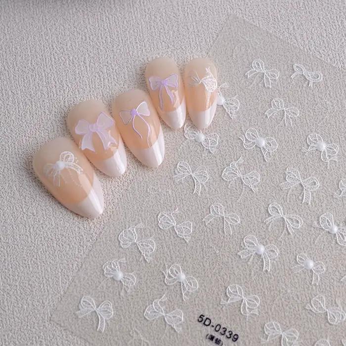1 pièces 5D blanc dentelle nœud papillon Nail Art autocollant doux perle arc ruban auto-adhésif ongl