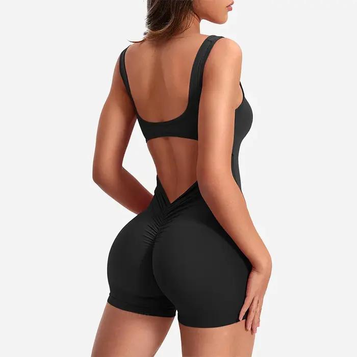 Vêtements de sport pour femmes Yoga solide froncé dos nu sans manches col carré maigre Sexy barboteu