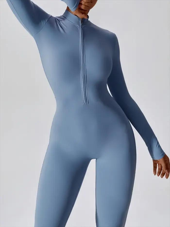 Combinaison de yoga longue intégrée à demi-zip, couleur unie, sexy, manches longues, vêtements de sp