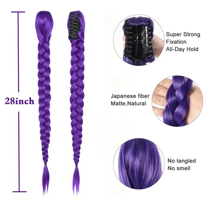 Extension de cheveux synthétiques longue queue de cheval à clipser, tressée violette, pour cosplay,