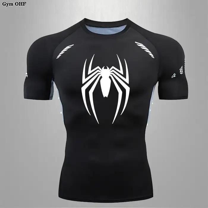 T-shirt compression imprimé Spider pour hommes - Rashguard manches courtes MMA et musculation