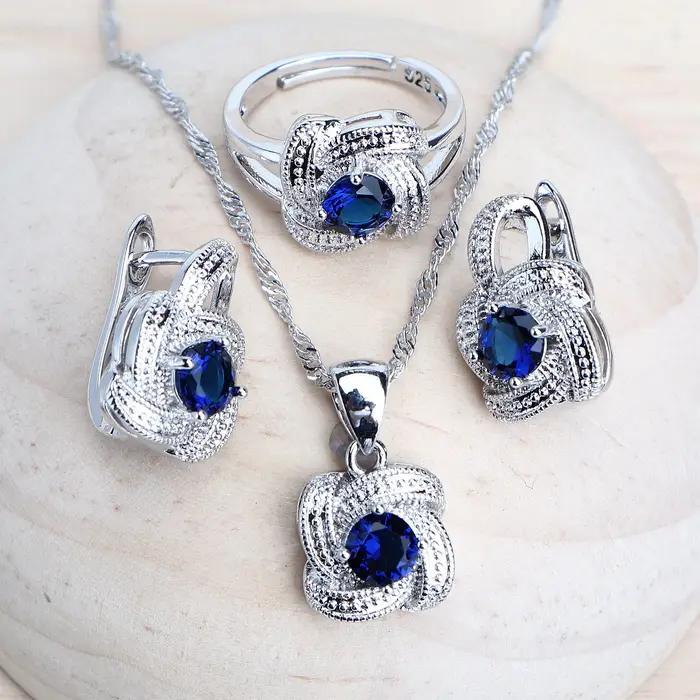 Ensembles de bijoux en zircon bleu pour femmes, en argent Sterling 925, Costume de mariage, bijoux,