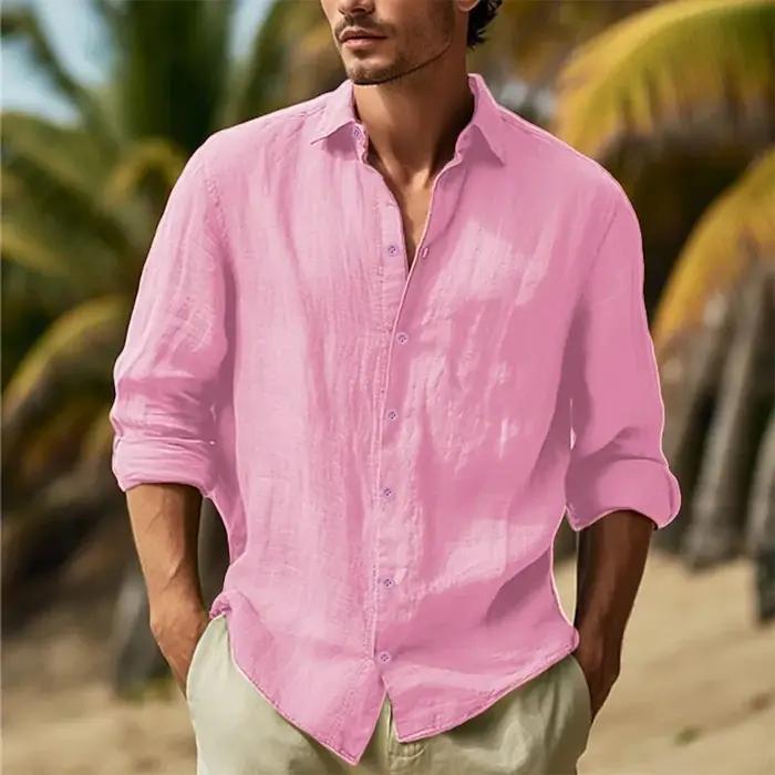 Chemises en coton et lin pour hommes, col rabattu, chemise hawaïenne solide, légère et respirante, c