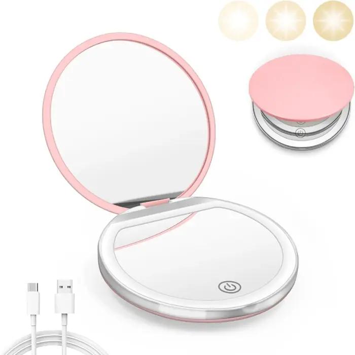 Miroir compact avec lumière, miroir de poche LED grossissant 1X/3X avec câble de données USB, mini m