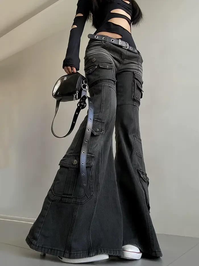 REDDACHiC Acubi mode noir Flare jean rétro moustaches maigre Stretch taille basse poches Cargo panta
