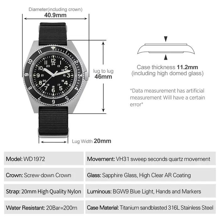 Watchdives WD1972 montre à Quartz VH31 balayage secondes mouvement saphir cristal BGW9 lumineux 20Ba