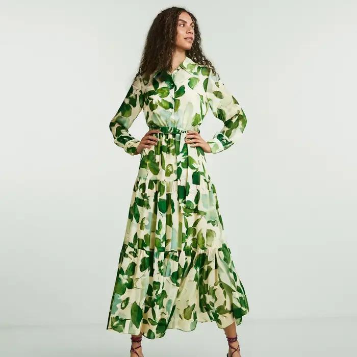 CHCH robe femme 2025 printemps nouveau col à manches longues fleur verte vacances