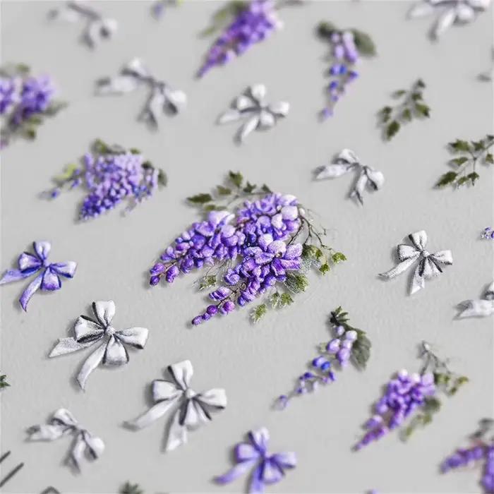 Autocollants 5D de fleurs de glycine violette pour nail art, 1 pièce, adhésif de transfert, décorati