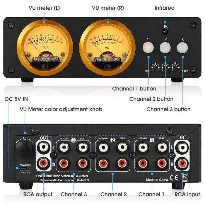 Douk Audio-Commutateur de boucle audio stéréo L3, 3 canaux, VU-mètre, 1 entrée-3 sorties, boîtier de