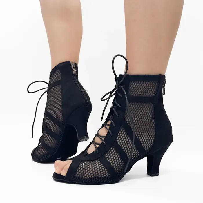 Bottines de danse salsa femmes cuir suédé noir - Fermeture éclair avec talons 8.5cm 7.5cm 6cm QT-006