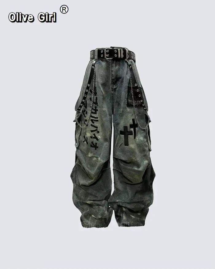 Grande taille crâne croix femmes jean pantalon Denim pantalon américain rétro ambiance jambes larges