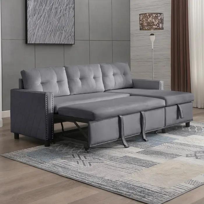 HORGgland-Canapé convertible en forme de L avec chaise de rangement, canapé-lit en velours, canapé-l