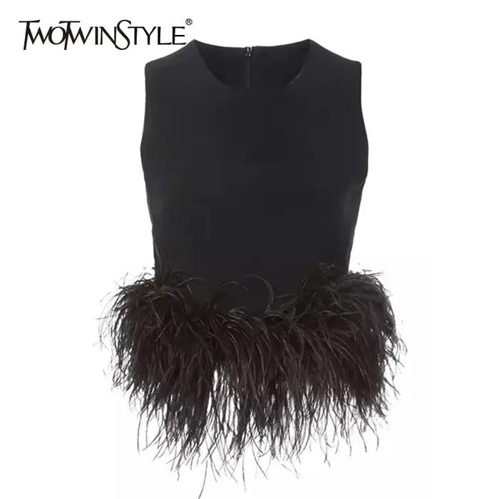 TWOTWINSTYLE noir Patchwork plumes mode coréenne petit haut femmes col rond sans manches mince hauts