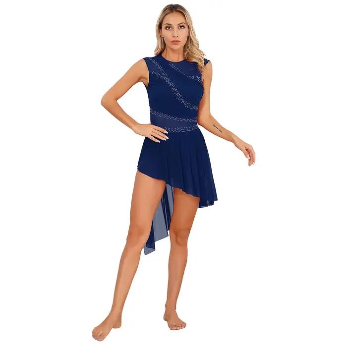 Femmes brillant strass robe de patinage artistique justaucorps de gymnastique Costume maille transpa
