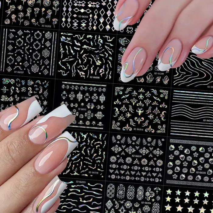 6/30 autocollants pour ongles 3D laser doré rétro, motifs floraux, étoiles, cœurs, feuilles, décorat