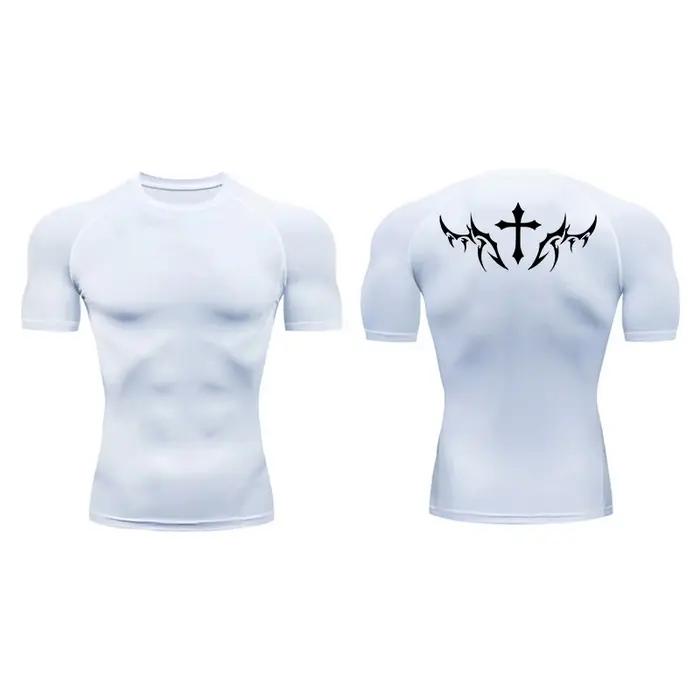 Chemises de Compression à manches courtes pour hommes, imprimé croisé, t-shirts athlétiques à séchag