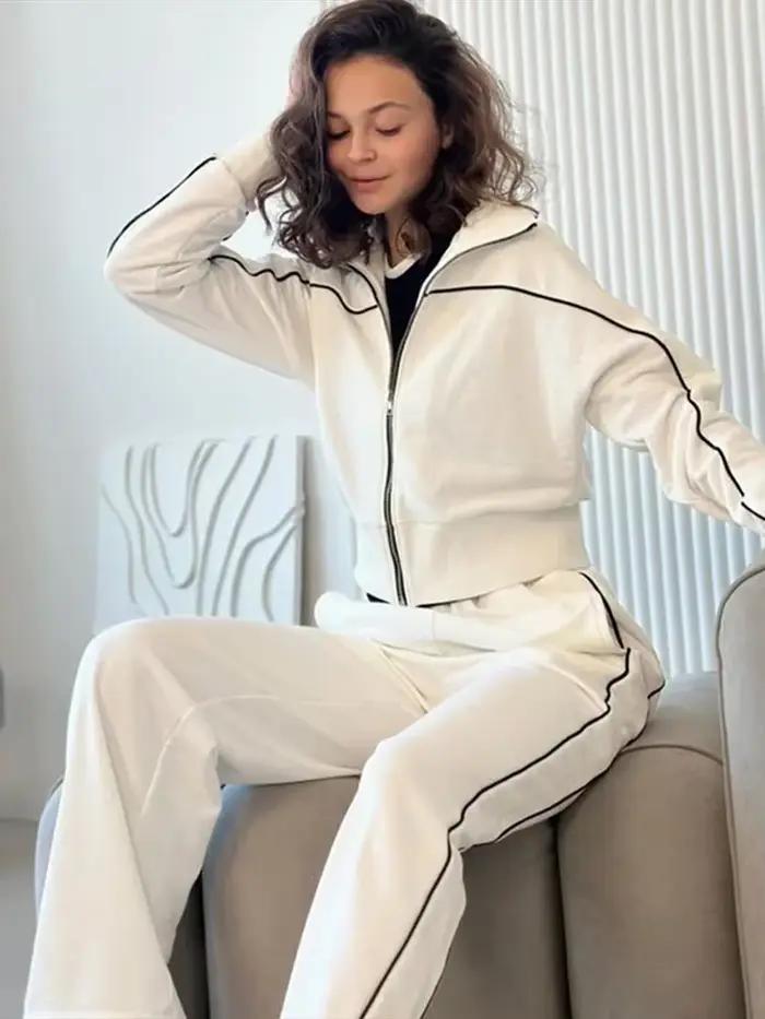 Survêtement femmes 2 pièces ensemble mode revers sweat veste zippée pantalon jambes larges costume printemps automne Y2k Streetwear activité sportive sortie amicale