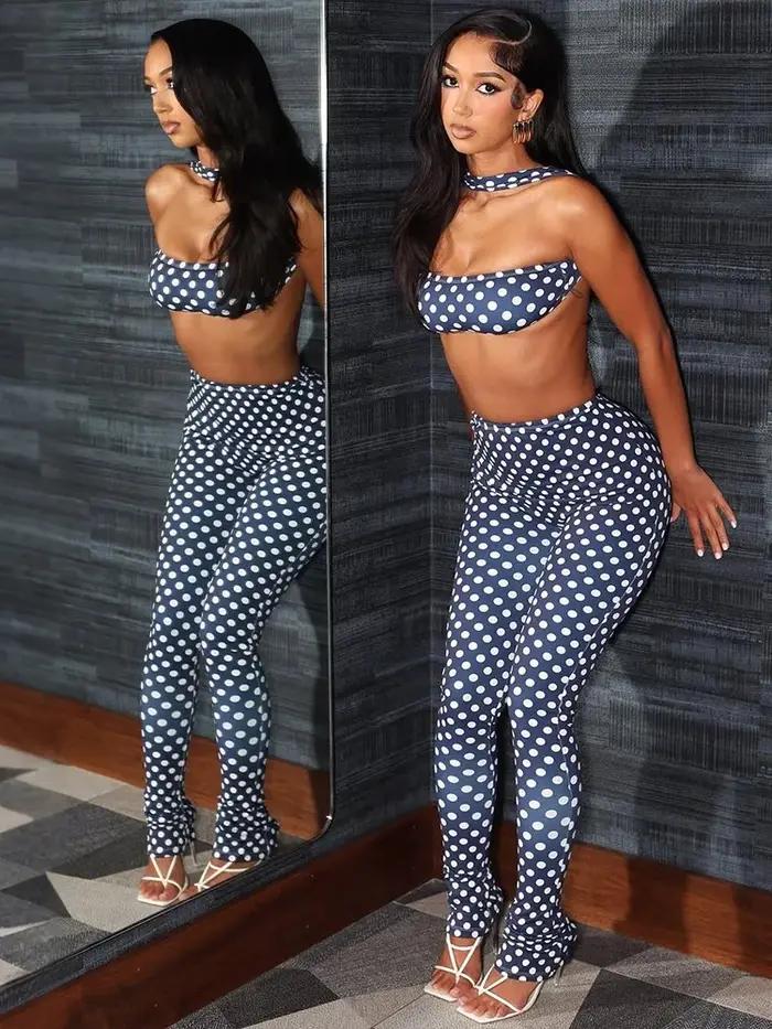 Nibber Hottie Femmes Dot Imprimer 2 Pièce Ensemble Survêtement Sexy Dos Nu Halter Débardeurs + Leggi
