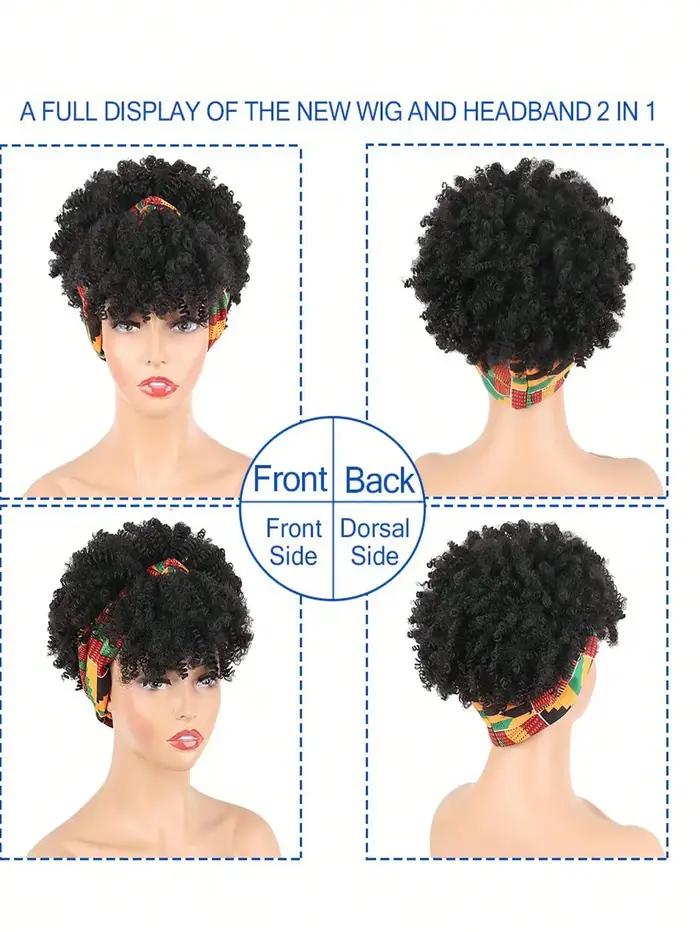 Perruque de cheveux bouclés pour femmes noires avec foulard et pompon, perruque enveloppée 2 en 1, p