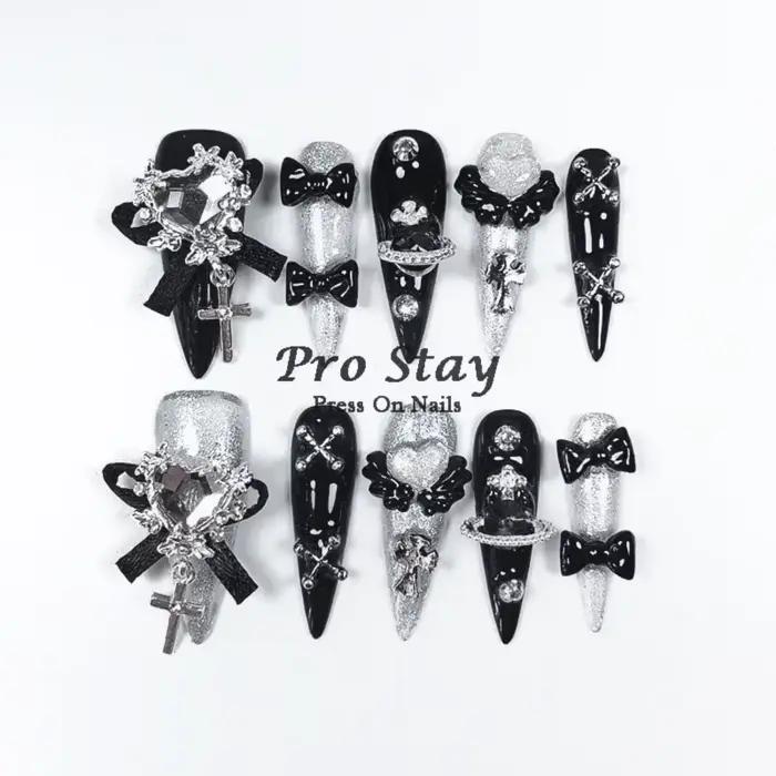 Faux ongles artificiels noirs foncés Y2k, faits à la main, à pression, doux et frais, avec diamant,