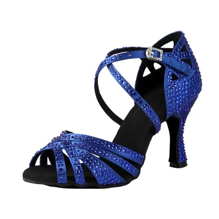 Chaussures de danse latine avec diamants abricot noir bleu chaussures de danse professionnelle pour