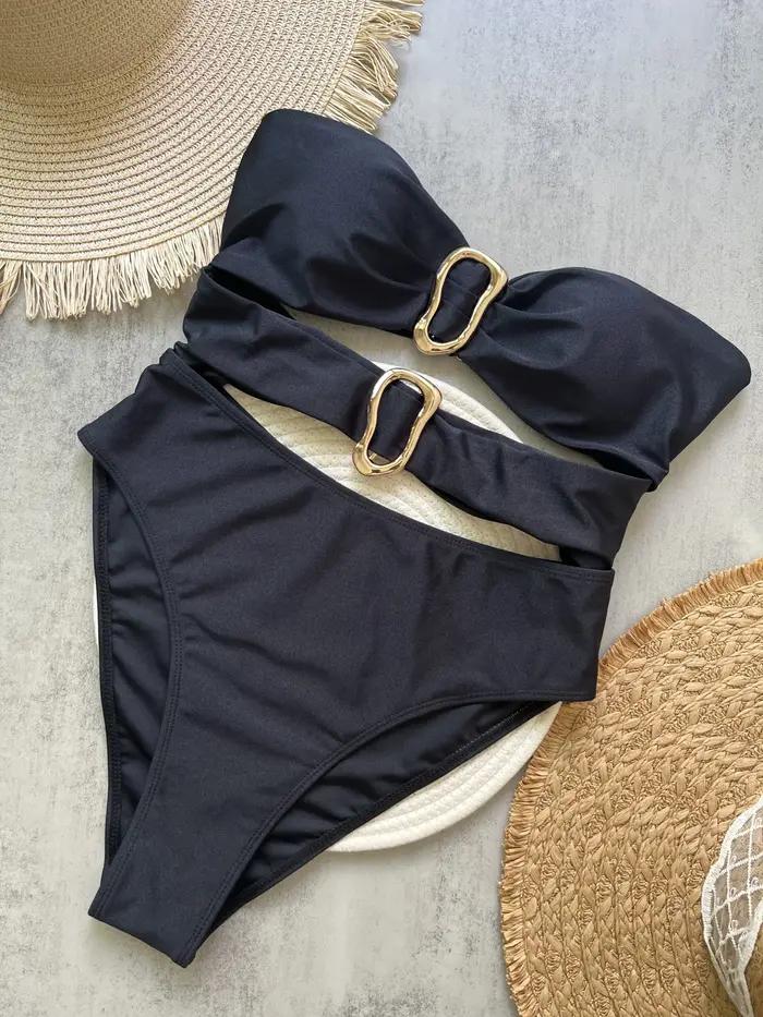 Maillots de bain pour femmes une pièce avec anneaux en métal découpé, coupe bandeau et jambe haute, trois couleurs sexy pour occasions spéciales et vacances