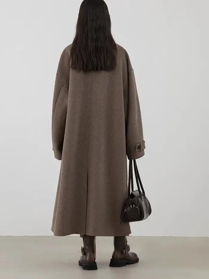 CHIC VEN-Pardessus long en laine boutonné pour femme, col montant, corne de vache, simple boutonnage