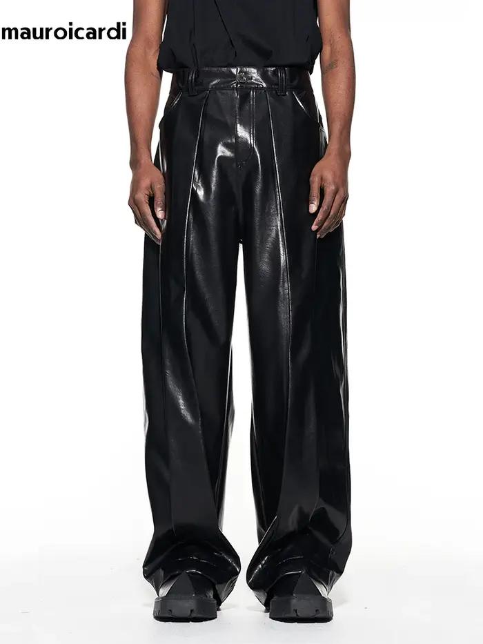 Mauroicardi-Pantalon Long en Cuir PU pour Homme, Baggy Décontracté, Noir Brcorporelle, Moulé, Verni,