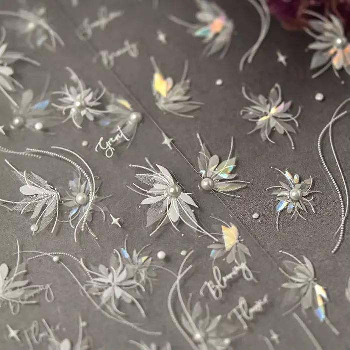Autocollants pour ongles translucides 5D, haute qualité, en relief, blanc pur, perle dahlia, strass