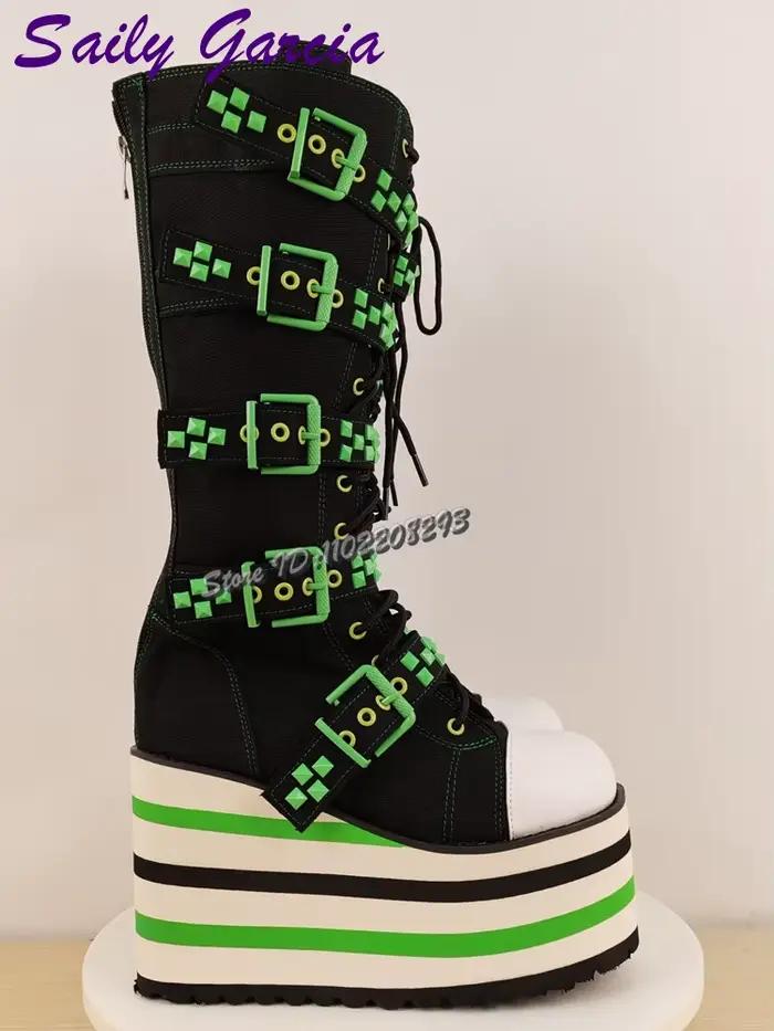 Bottes hautes à lacets avec bretelles à boucle verte, Punk, Patchwork, bout rond, plateforme, mode f
