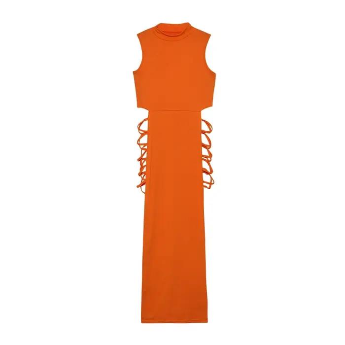 Robe à découpes croisées pour femmes, robe en fibre à col montant avec batterie sexy, vêtements pour