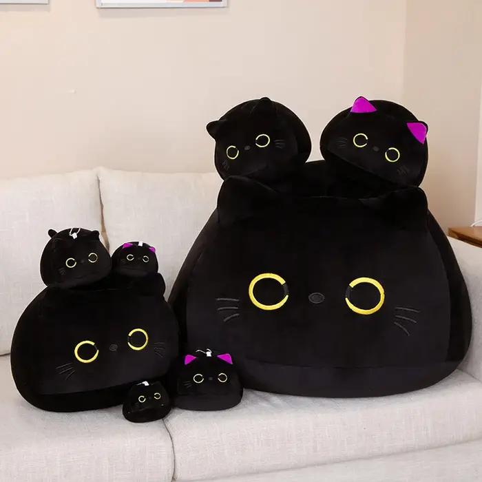 Oreiller rond en peluche de chat noir de grande taille 9-70cm, Kawaii, jouets de couchage, poupées d