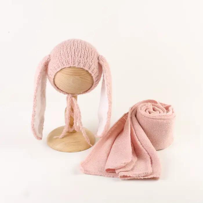 Ensemble bonnet lapin en tricot pour nouveau-né, accessoires de photographie, bonnet lapin doux, com